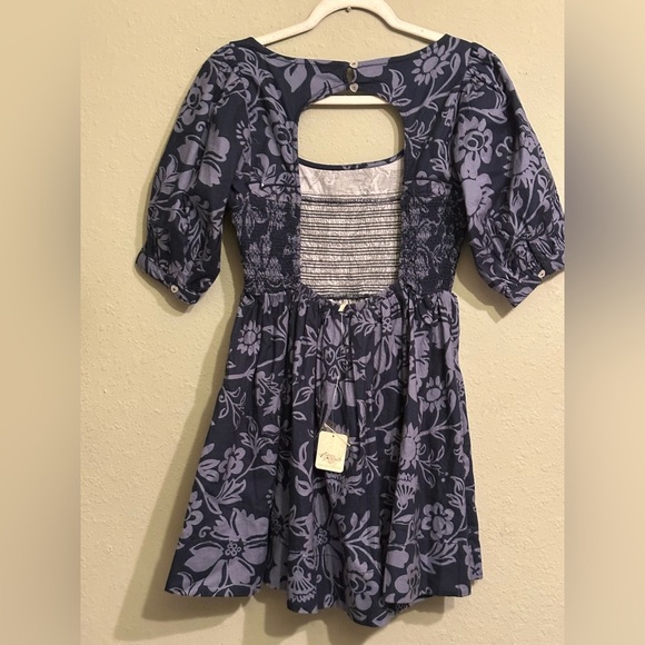 NWT Free People Dress -Dear Delilah Blue Floral Puff Sleeve Smocked - Picture 7 of 14